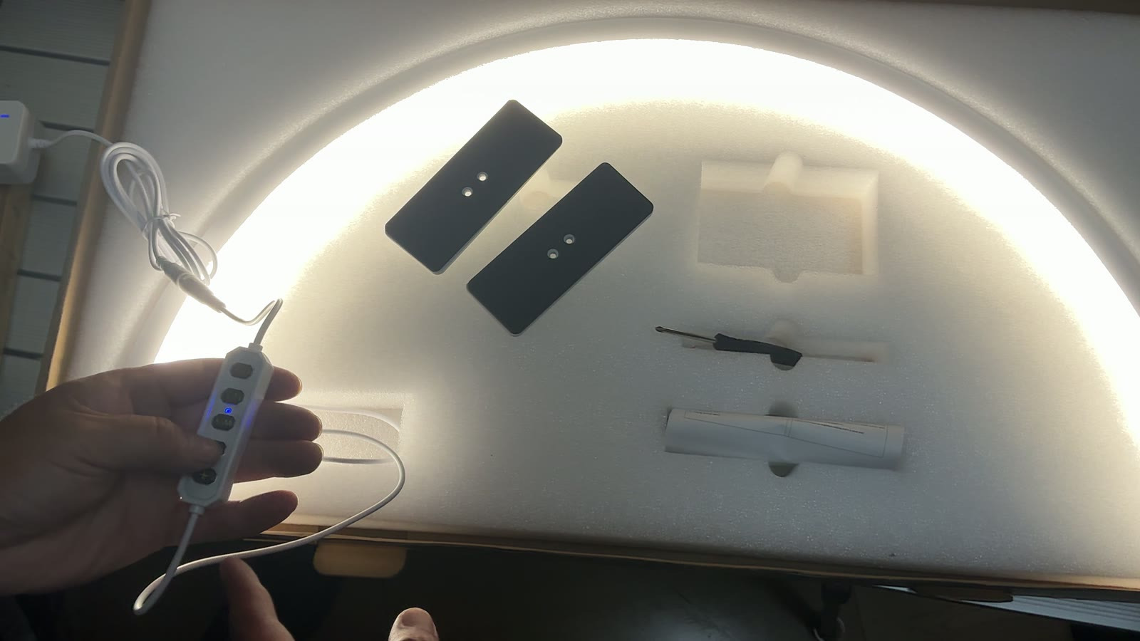 Accessories counted in the moulded tray of a beauty lamp during inspection in Yiwu, remote control held in hand